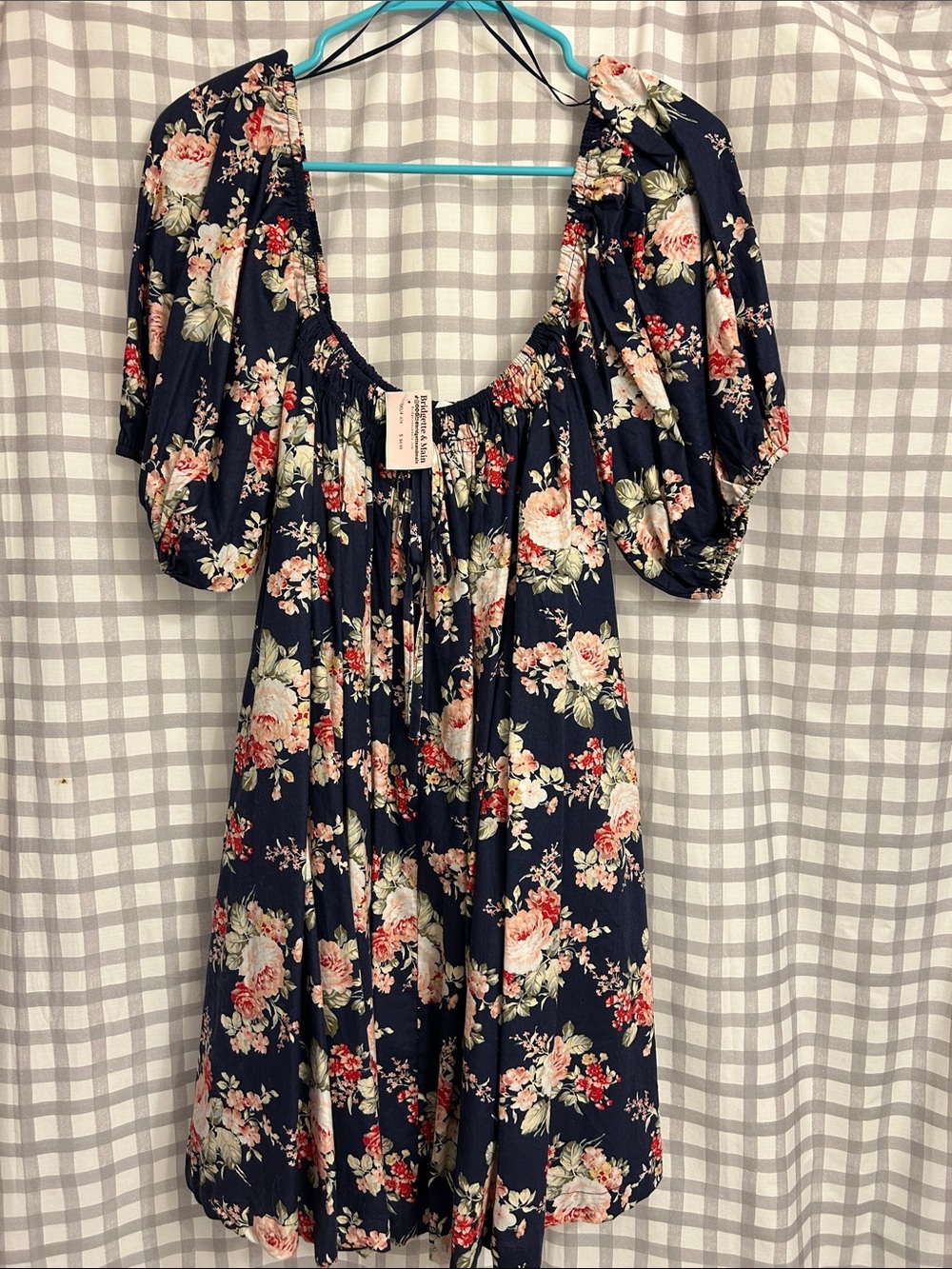 Navy Floral Puff Sleeve Dress off the shoulder